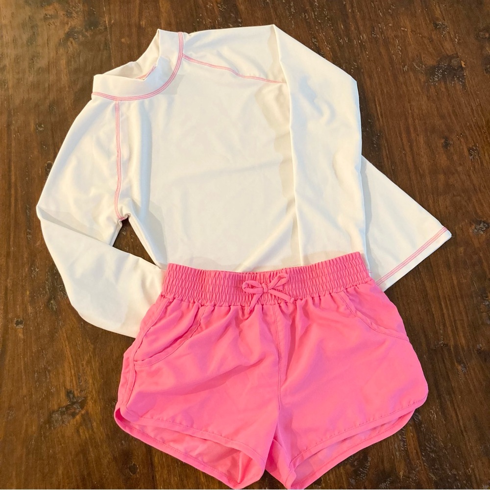Girls Swim Set - White and Pink Rashguard and Shorts Size Medium M Kids 7 - 8